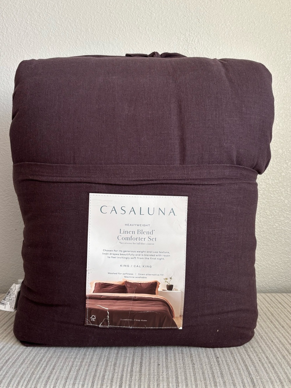 NWT King/California King Heavyweight Linen Blend Comforter and Sham Set Dark Fig